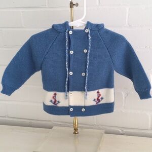 Classic Vintage Nautical Baby Boy Blue Cardigan Attached Hood